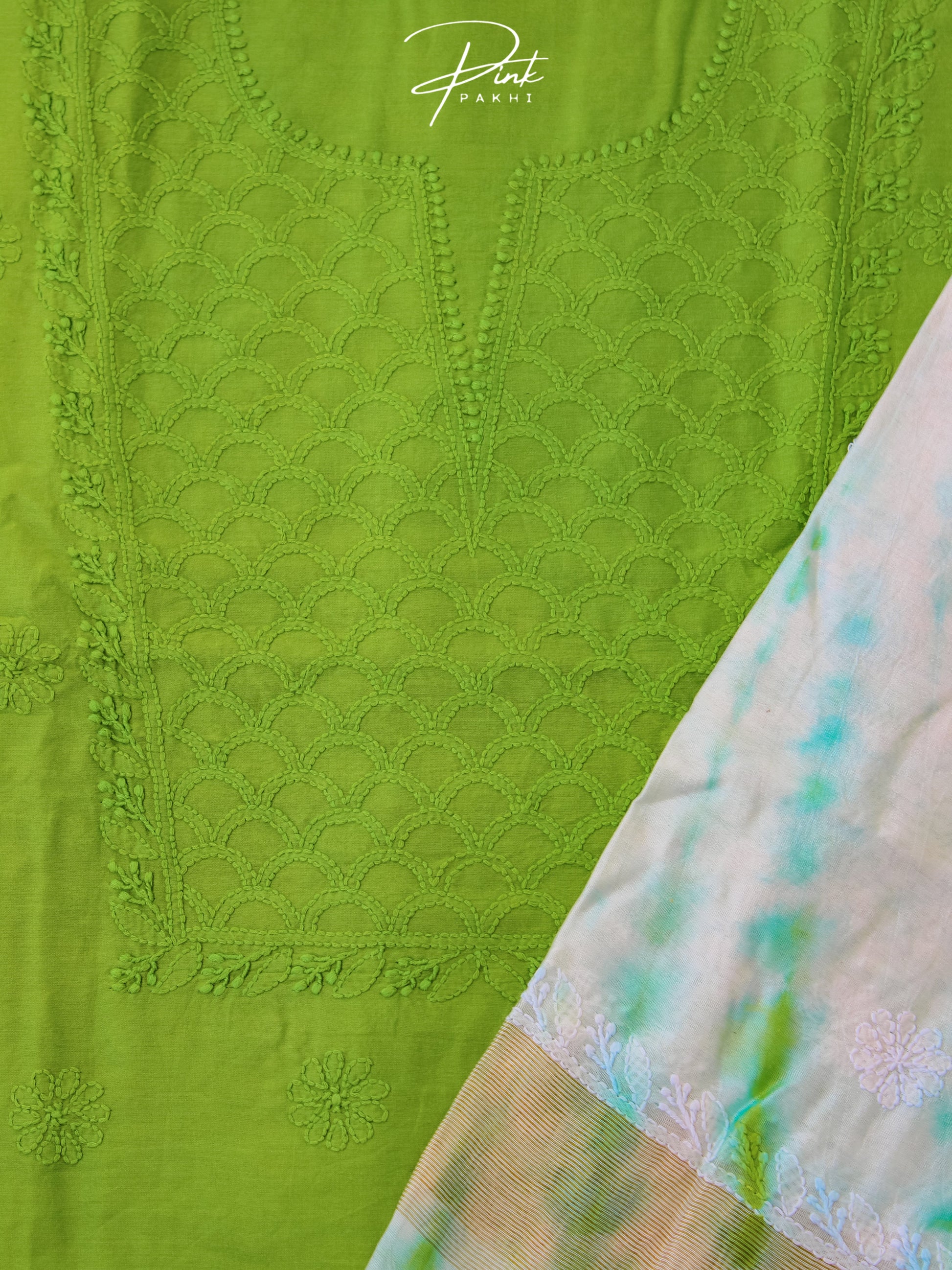 GREEN CHANDERI KURTA PIECE & DUPATTA SET Pink Pakhi Pink Pakhi