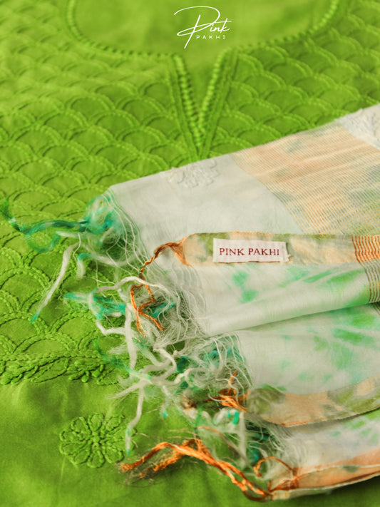 GREEN CHANDERI KURTA PIECE & DUPATTA SET Pink Pakhi Pink Pakhi