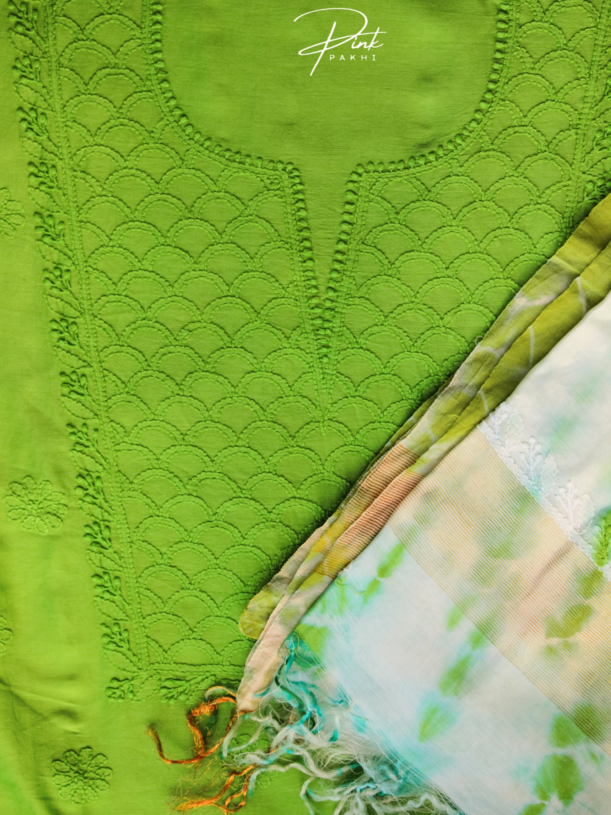 GREEN CHANDERI KURTA PIECE & DUPATTA SET Pink Pakhi Pink Pakhi