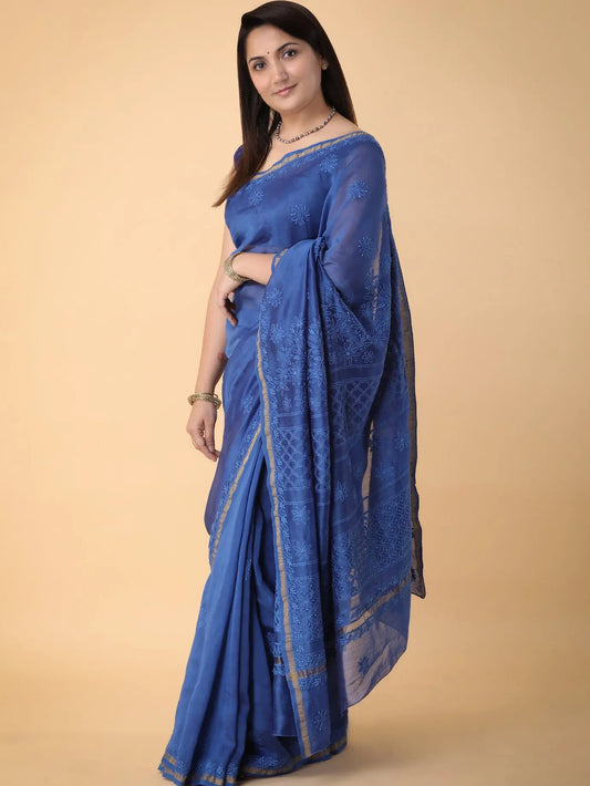 BLUE CHANDERI SAREE Pink Pakhi Pink Pakhi