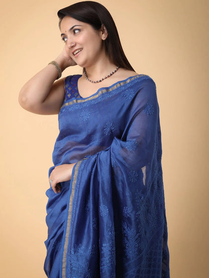 BLUE CHANDERI SAREE Pink Pakhi Pink Pakhi