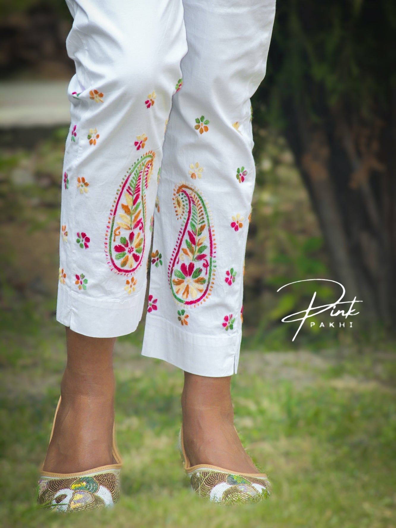 ABEER - PANTS Pink Pakhi hand embroidered lucknowi chikakari authentic women daily wear 