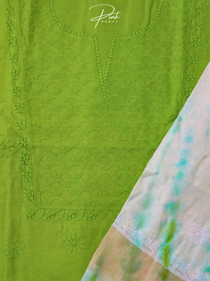 GREEN CHANDERI KURTA PIECE & DUPATTA SET Pink Pakhi Pink Pakhi